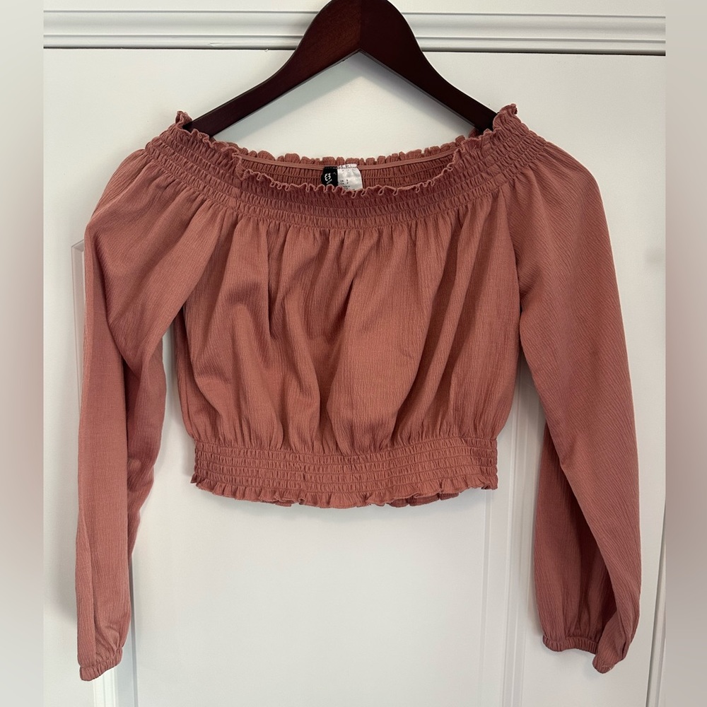 Pink, long sleeve, off the shoulder crop top, size small